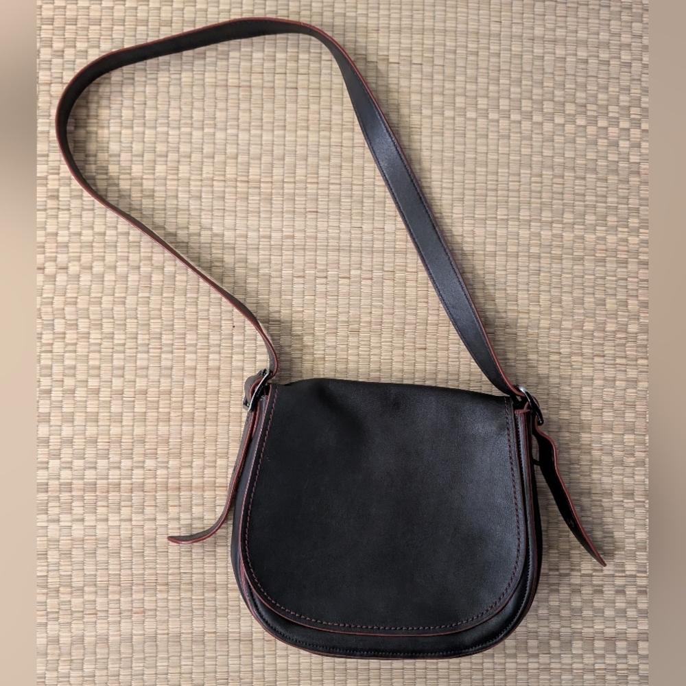 RARE Coach 75th Anniversary Leather Saddle Bag Black Red Trim Made in USA